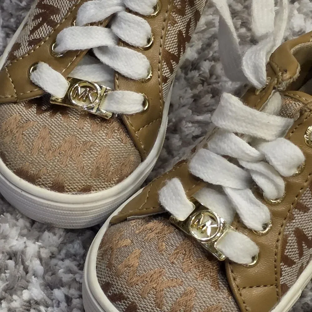 Michael Kors Girls Tan Monogram Logo Sneakers - Size 6